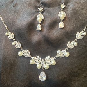 Cubic Zirconia Teardrop Crystal and Pearl Necklace and Earring set